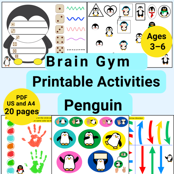 Penguin Brain Gym printable activities for kids ages 3-6