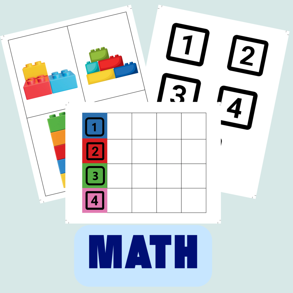 Free printable LEGO math worksheets for kids ages 3–6 – counting and number matching activity