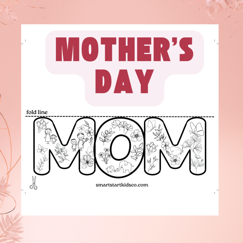 Free printable Mother’s Day MOM coloring card for kids with fold line and cute drawings