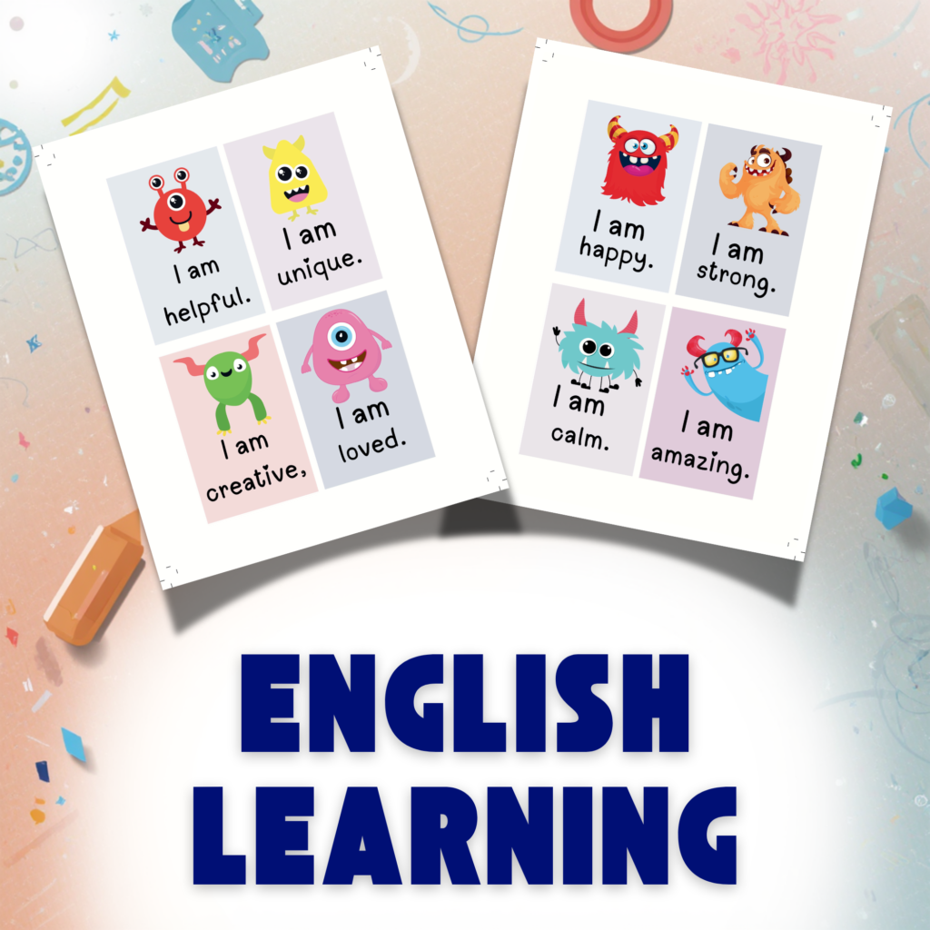 Free printable English vocabulary cards for kids with positive affirmations and cute characters