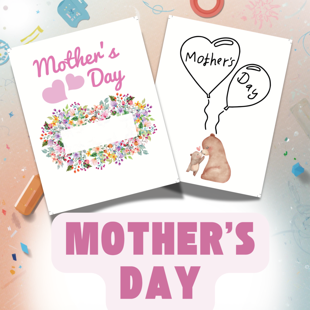 Mother’s Day printable coloring pages for kids with card and heart design