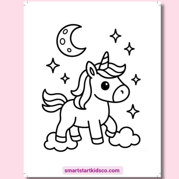 Printable magical unicorn coloring activity PDF for children