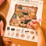 Travel bag search printable activity with suitcase passport sunglasses and teddy bear
