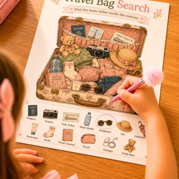 Travel bag search printable activity with suitcase passport sunglasses and teddy bear