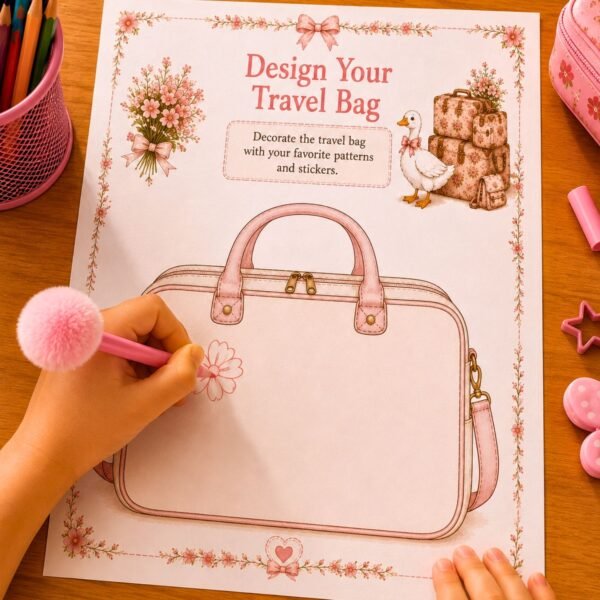 Kids printable design your travel bag worksheet with pastel pink suitcase