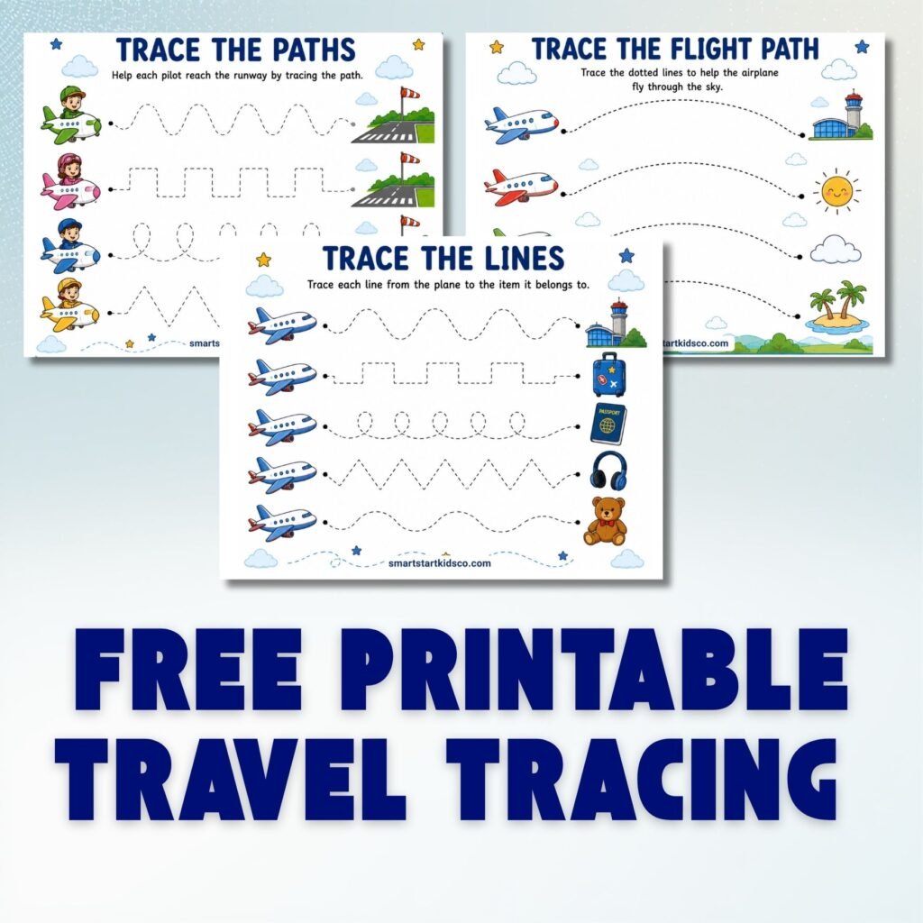 Free printable travel tracing worksheets for preschoolers with airplane fine motor and prewriting activities.