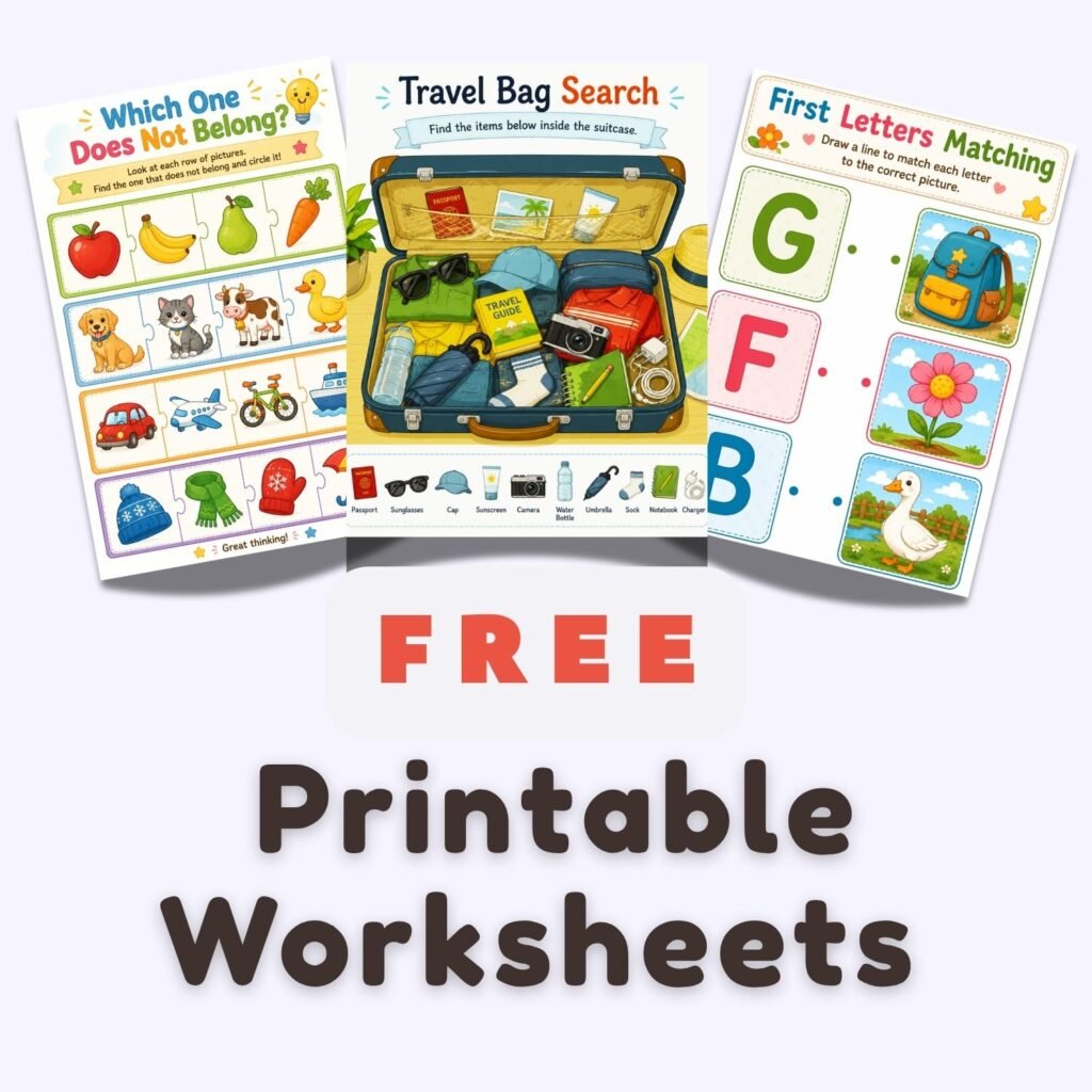 Free printable worksheets for preschool kids including matching games, travel activities, alphabet learning, and educational worksheets.