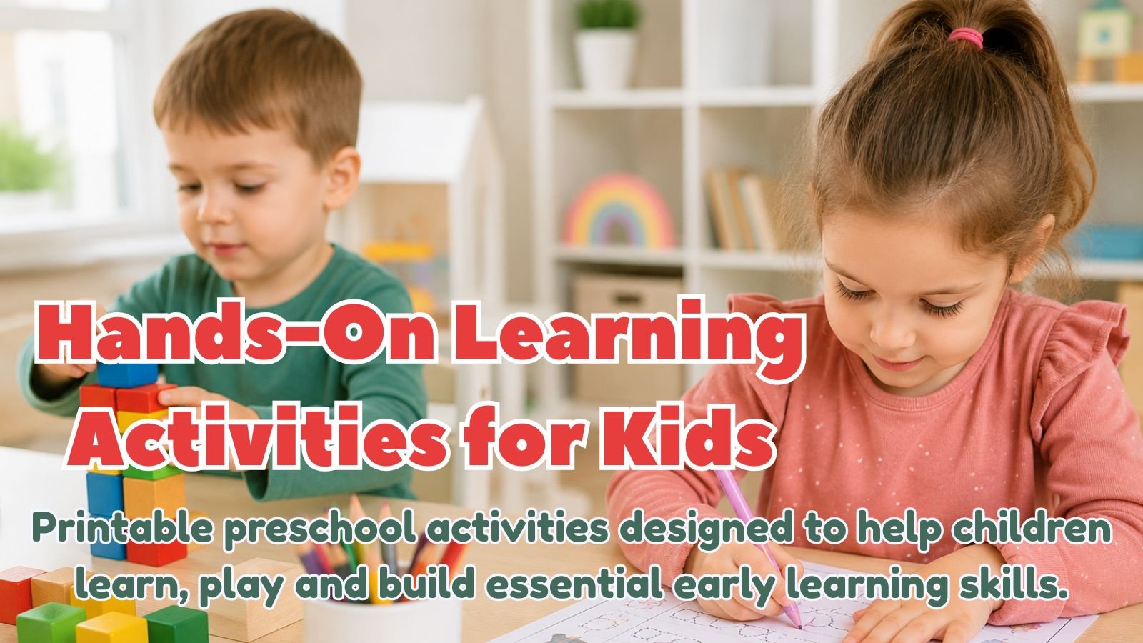 Children practicing hands-on preschool learning activities with tracing worksheets, fine motor play and educational games.