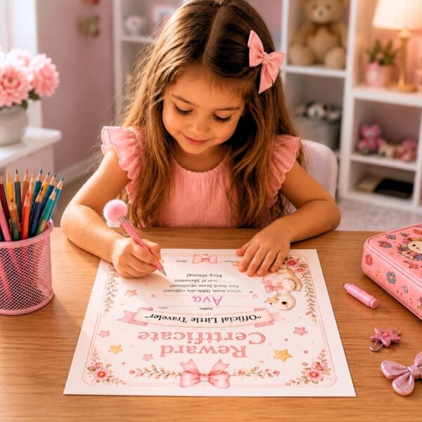Little girl filling out reward certificate with pink pen at wooden desk in pastel room