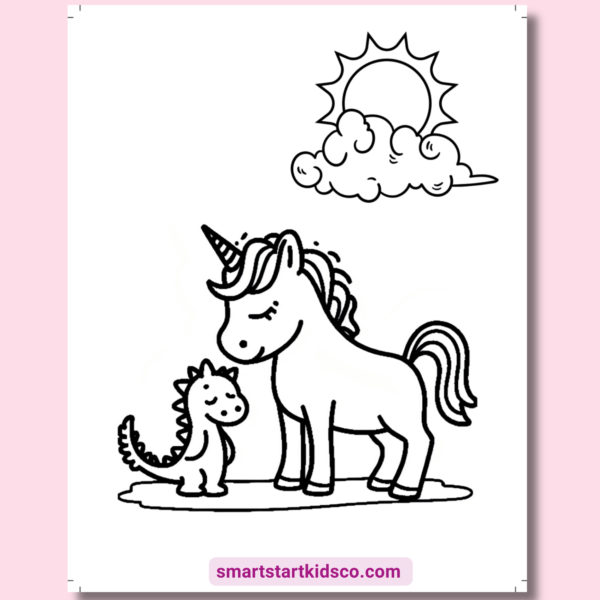 Easy unicorn coloring book page with clouds and stars
