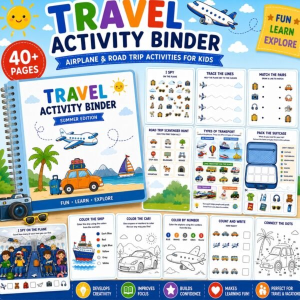 Travel activity binder printable worksheets for kids road trips and airplane travel