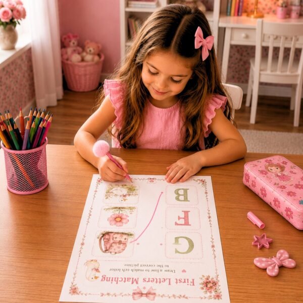 First letters matching printable worksheet with backpack flower and duck illustrations