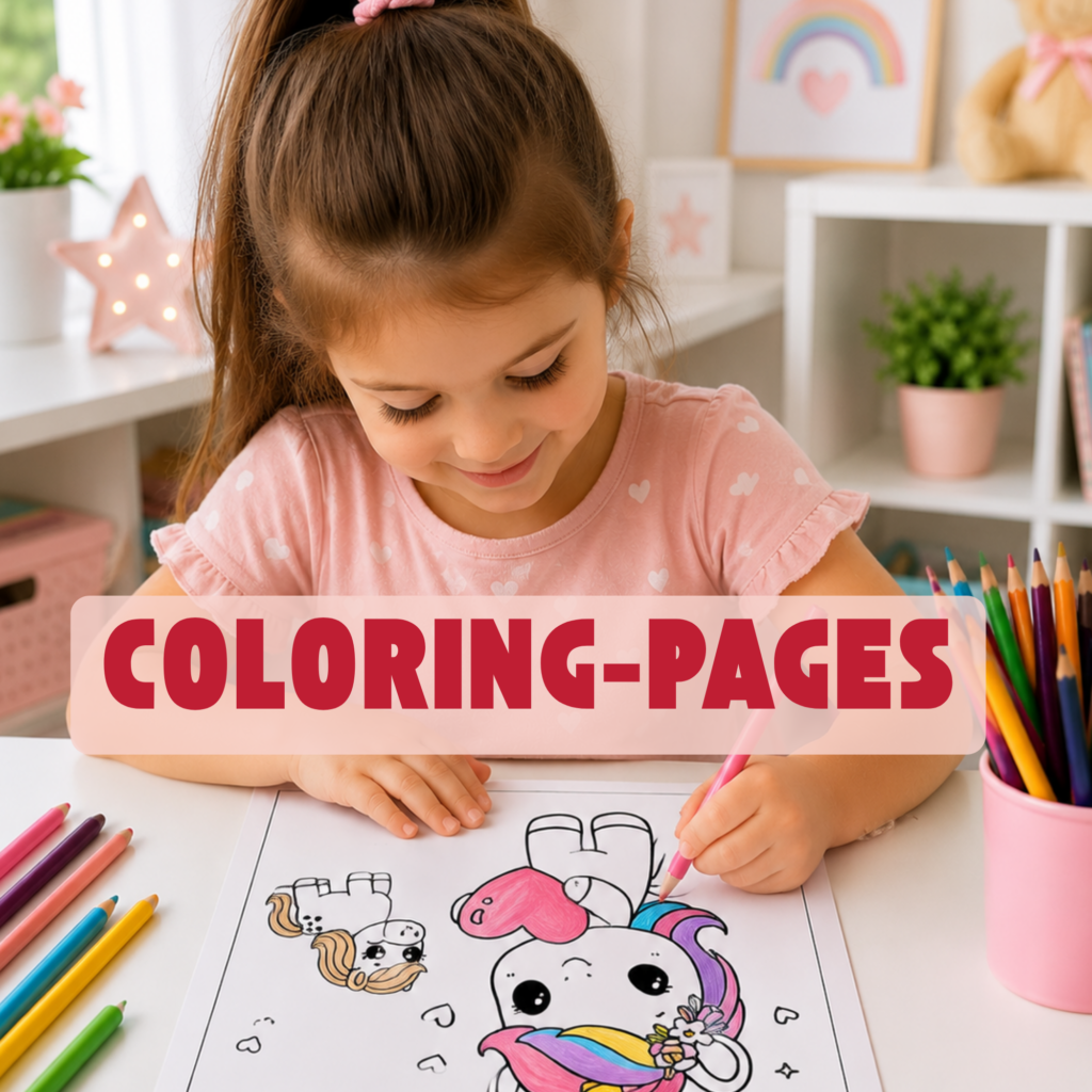 Girl coloring printable unicorn coloring pages for kids in a bright playroom