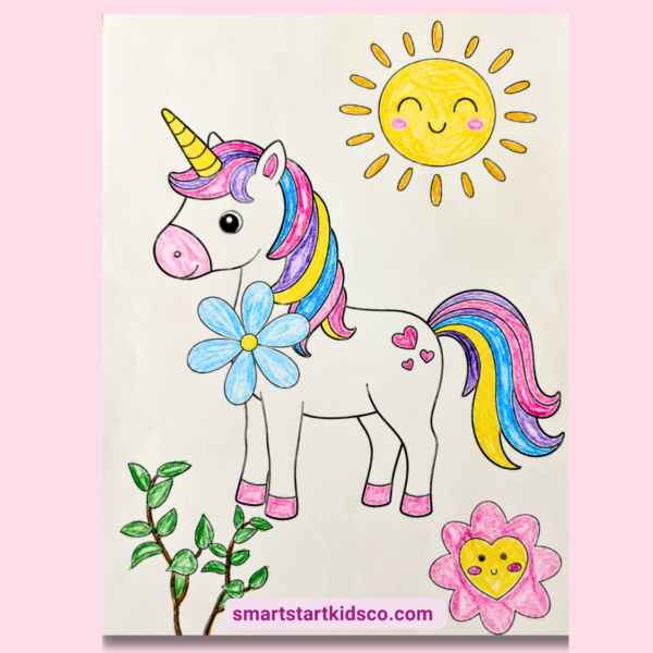 Rainbow unicorn printable coloring page for preschool kids