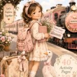 Cute travel girl activity book cover with pink train and suitcase for kids printable PDF