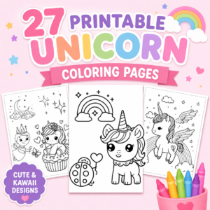 Printable unicorn coloring pages for kids PDF with cute kawaii unicorn designs and rainbow coloring worksheets