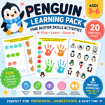Cute penguin fine motor skills printable activities PDF for preschool and kindergarten kids ages 3 to 6