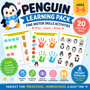 Cute penguin fine motor skills printable activities PDF for preschool and kindergarten kids ages 3 to 6