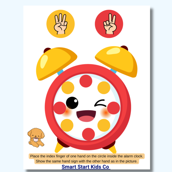 Educational preschool worksheet with hand coordination and clock themed activity