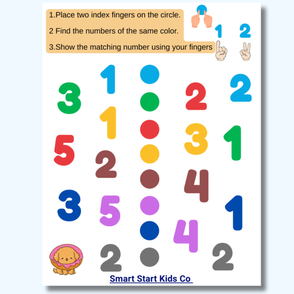 Kids printable activity with finger signs and matching exercise for preschool learning