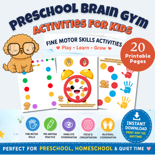 Printable preschool brain gym activities for kids ages 3-6 with fine motor skills and hand-eye coordination worksheets