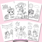 Printable unicorn coloring book pages with cute magical unicorn illustrations.
