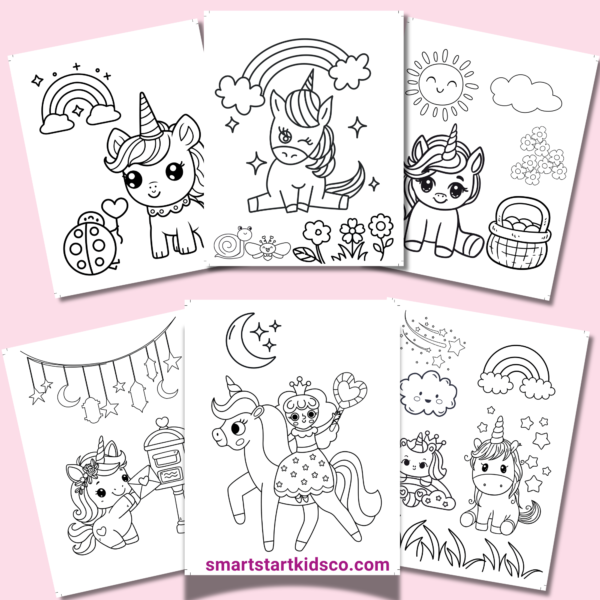 Printable unicorn coloring book pages with cute magical unicorn illustrations.