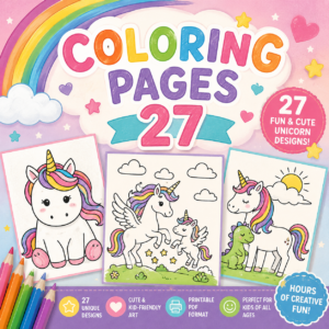 Printable Unicorn Coloring Pages Cover with 27 Cute Coloring Sheets for Kids