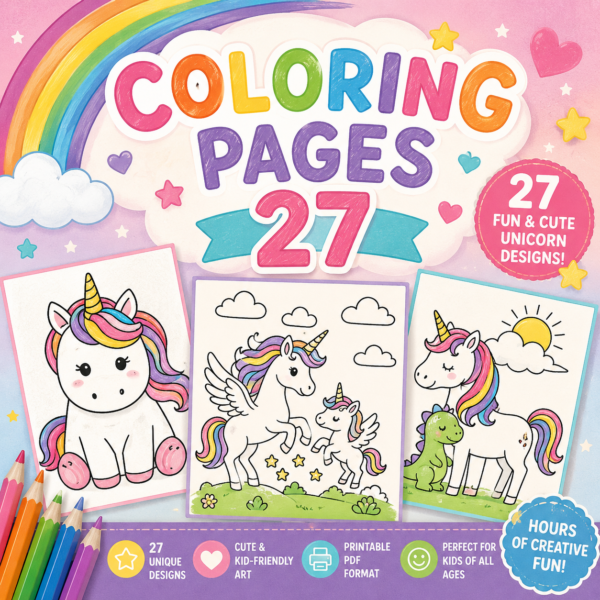 Printable Unicorn Coloring Pages Cover with 27 Cute Coloring Sheets for Kids