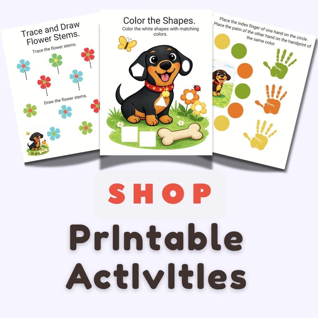 Printable preschool activities and educational worksheets for kids including tracing, matching, coloring, and fine motor learning games.