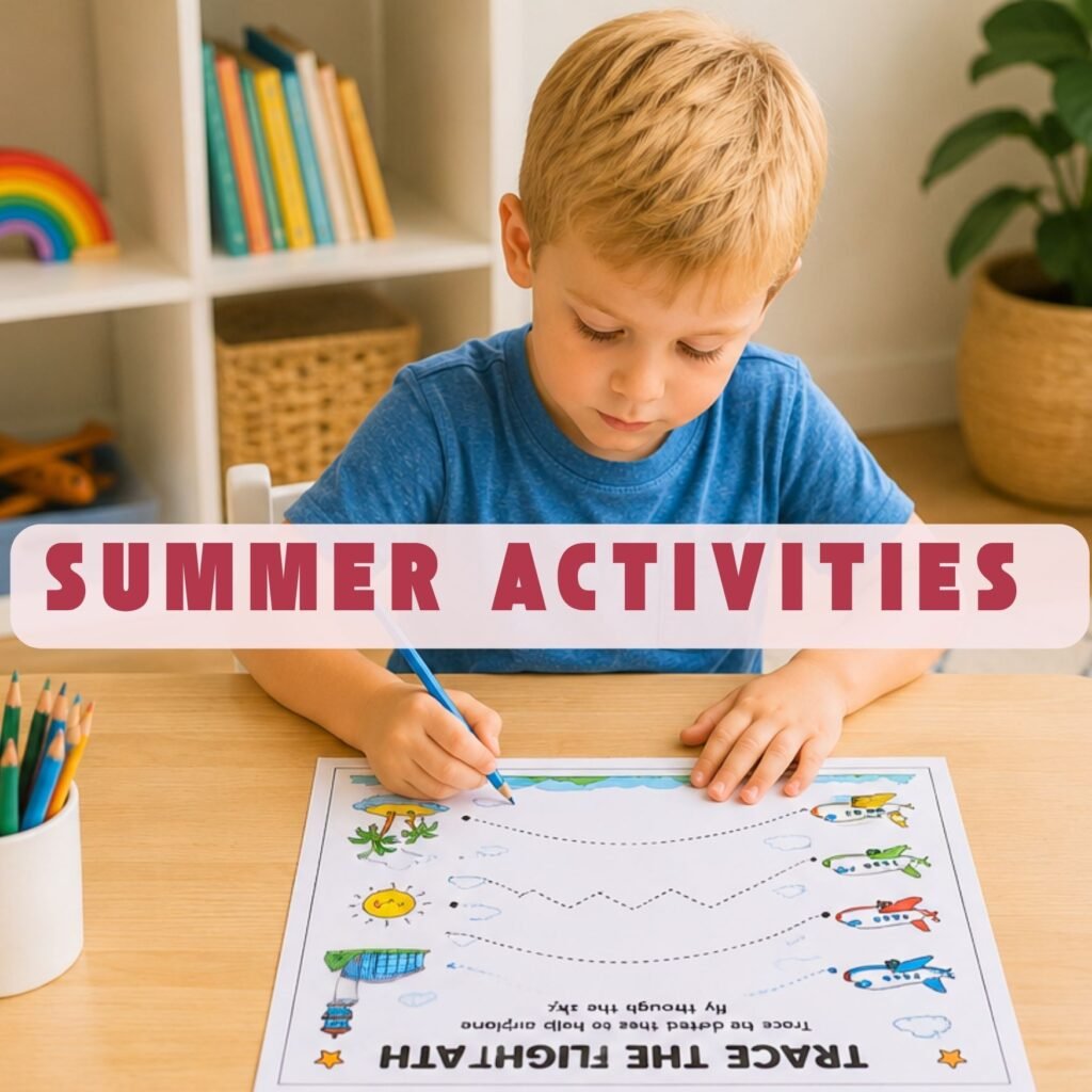 Preschool boy tracing airplane lines worksheet for summer fine motor and prewriting practice.