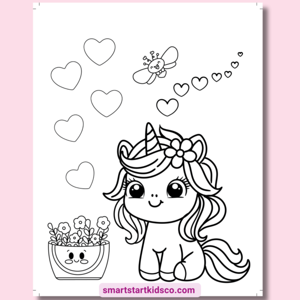 Kawaii unicorn coloring worksheet printable for preschool and kindergarten children.