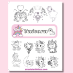 Cute printable unicorn coloring pages for kids with rainbow and kawaii unicorn designs.