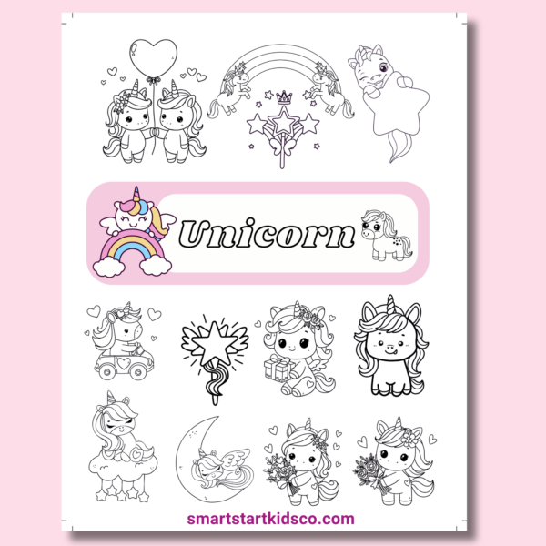 Cute printable unicorn coloring pages for kids with rainbow and kawaii unicorn designs.