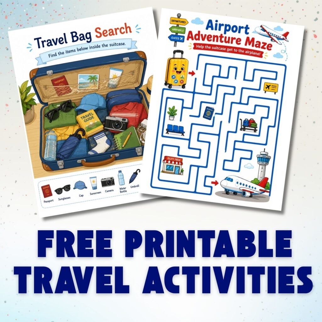 Cover image for free printable travel activities featuring a suitcase search game and an airport maze for kids.
