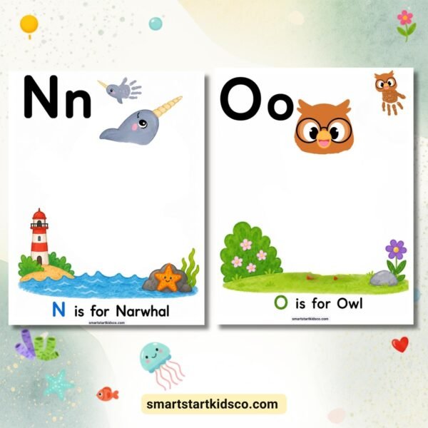 Narwhal and owl alphabet handprint craft worksheets for preschool and kindergarten