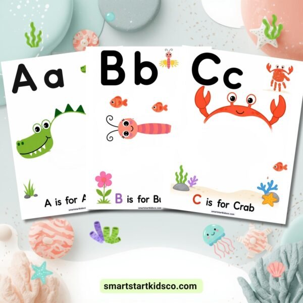 Alphabet handprint craft printable for preschoolers – A is for Alligator, B is for Butterfly, C is for Crab
