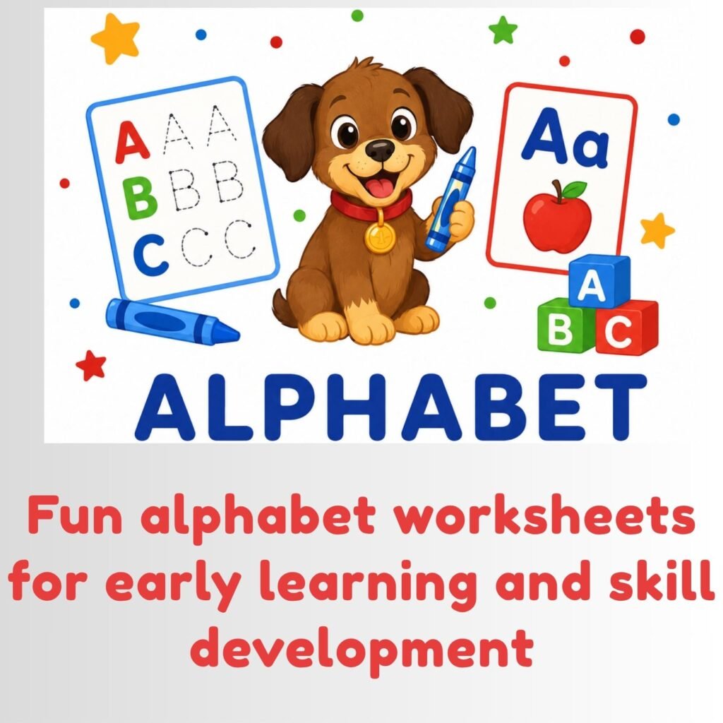 Alphabet learning category featuring a cute puppy, alphabet letters, tracing practice, letter cards, and early literacy activities for preschool and kindergarten children.