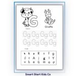 Animal alphabet letter G tracing worksheet with giraffe for preschool and kindergarten.