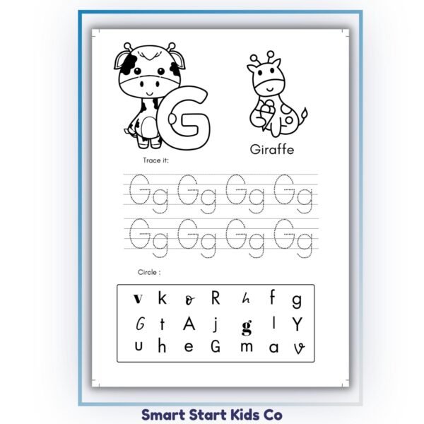 Animal alphabet letter G tracing worksheet with giraffe for preschool and kindergarten.