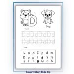 Animal alphabet letter D tracing worksheet with dog for preschool and kindergarten.