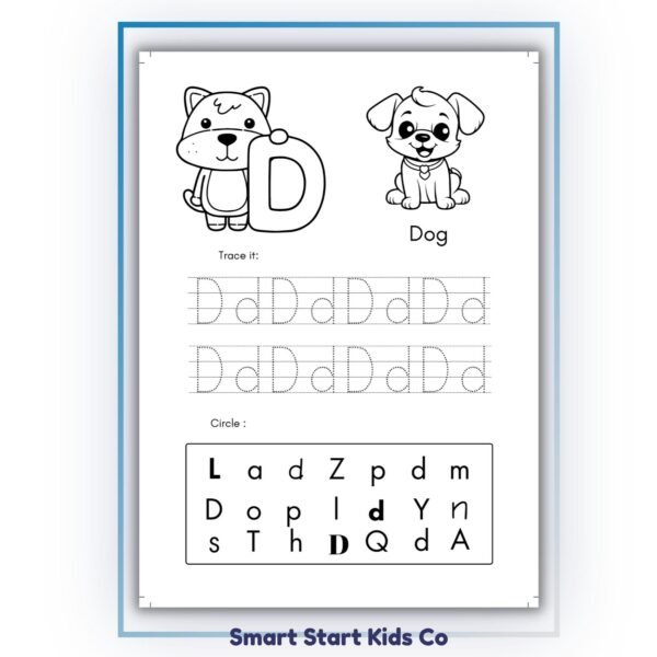 Animal alphabet letter D tracing worksheet with dog for preschool and kindergarten.