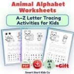 Animal Alphabet Worksheets A–Z printable PDF with letter tracing activities for preschool and kindergarten.