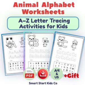 Animal Alphabet Worksheets A–Z printable PDF with letter tracing activities for preschool and kindergarten.