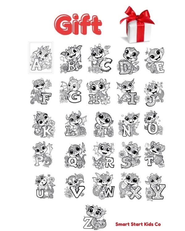 Bonus dragon alphabet reference page with letters A-Z for preschool and kindergarten learning