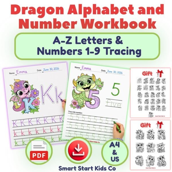 Printable dragon alphabet and number tracing worksheets for preschool and kindergarten