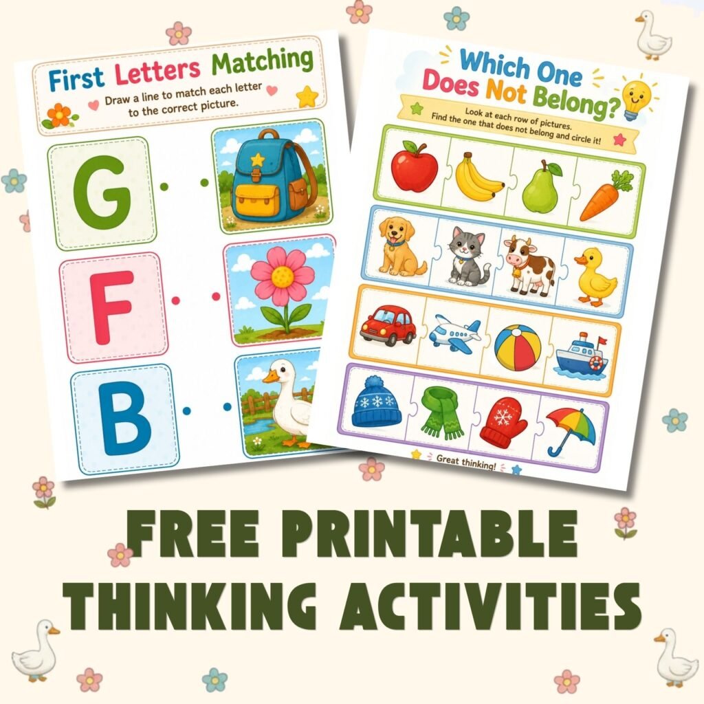 Cover image for free printable thinking activities featuring a letter matching worksheet and a logic activity for preschool children.