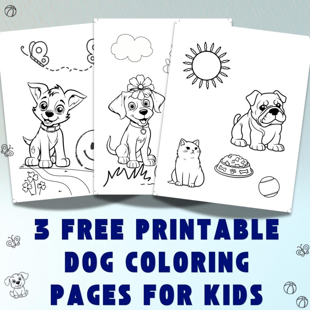 Free printable dog coloring pages for kids featuring three cute puppy coloring sheets