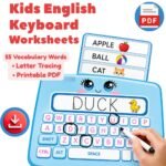 Kids English keyboard worksheets with vocabulary words and letter tracing printable PDF for preschool and kindergarten