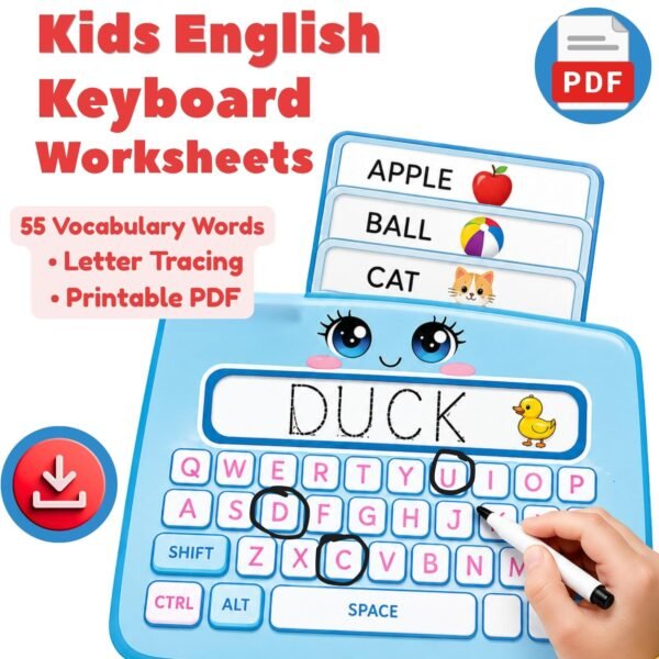 Kids English keyboard worksheets with vocabulary words and letter tracing printable PDF for preschool and kindergarten